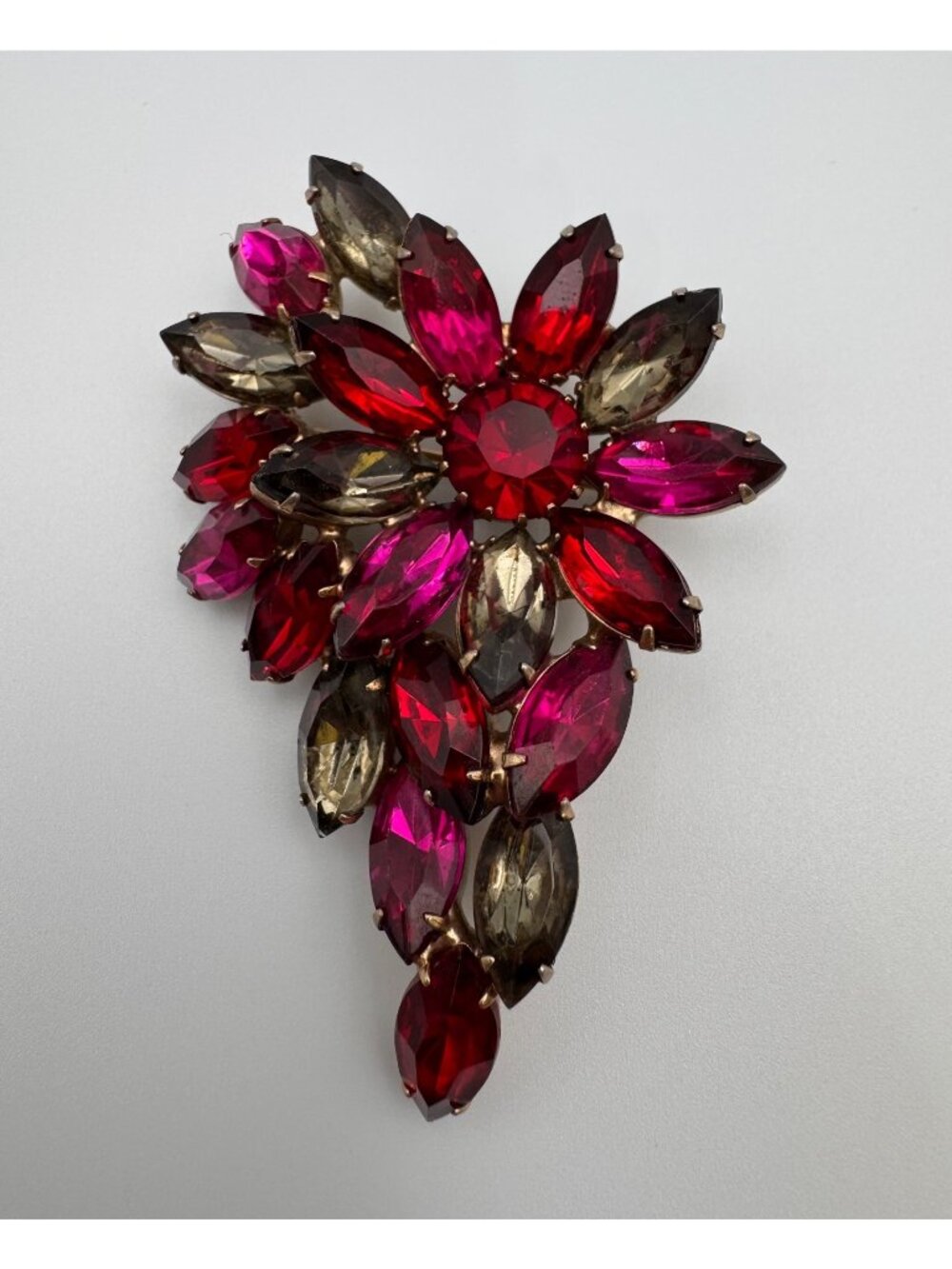 Verified Juliana D&E Ref 6047 Red Pink Smoky Gray Rhinestone Flower Brooch